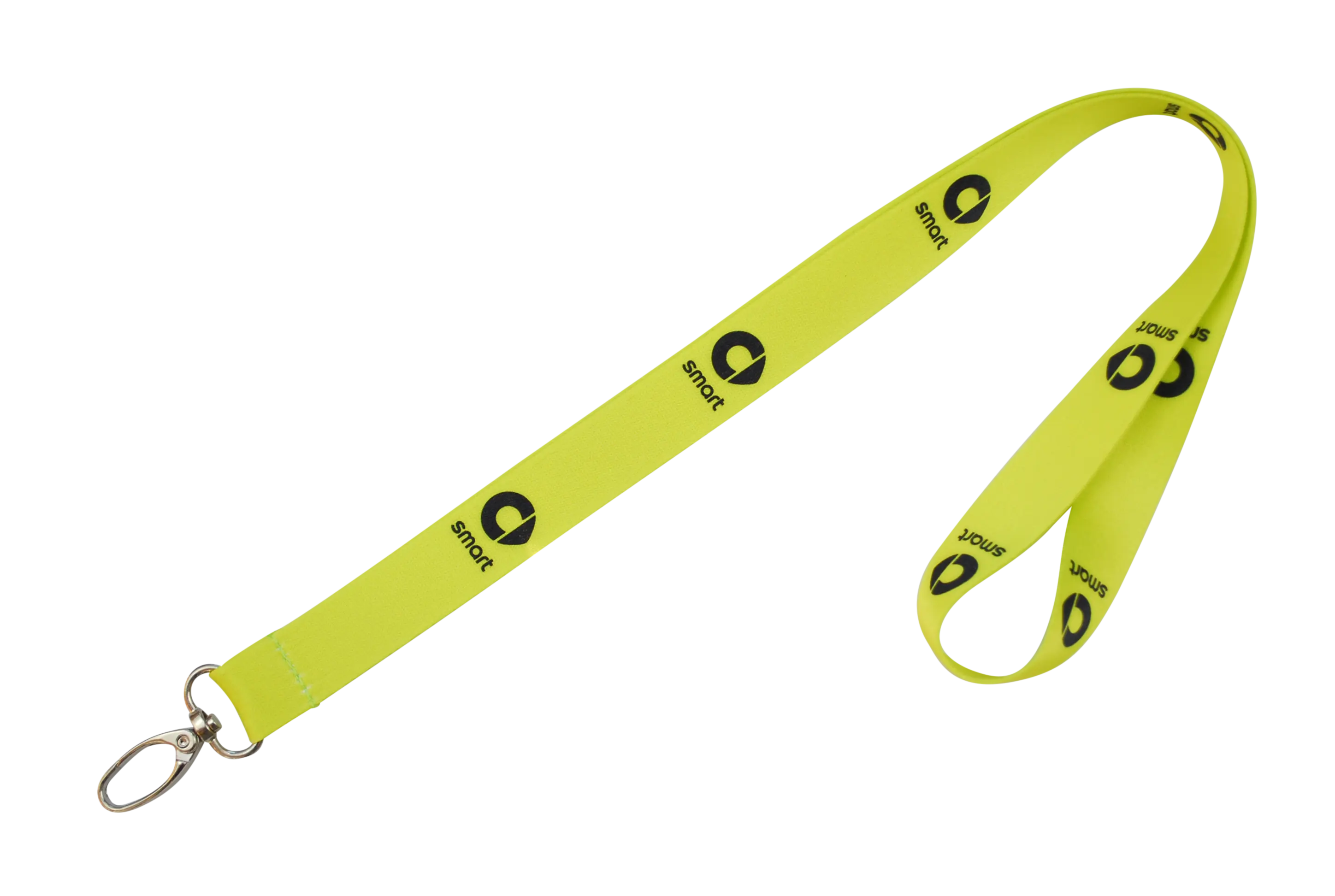 Gelbes Lanyard mit schwarzem "smart"-Logo und Karabinerhaken an einem Ende.
