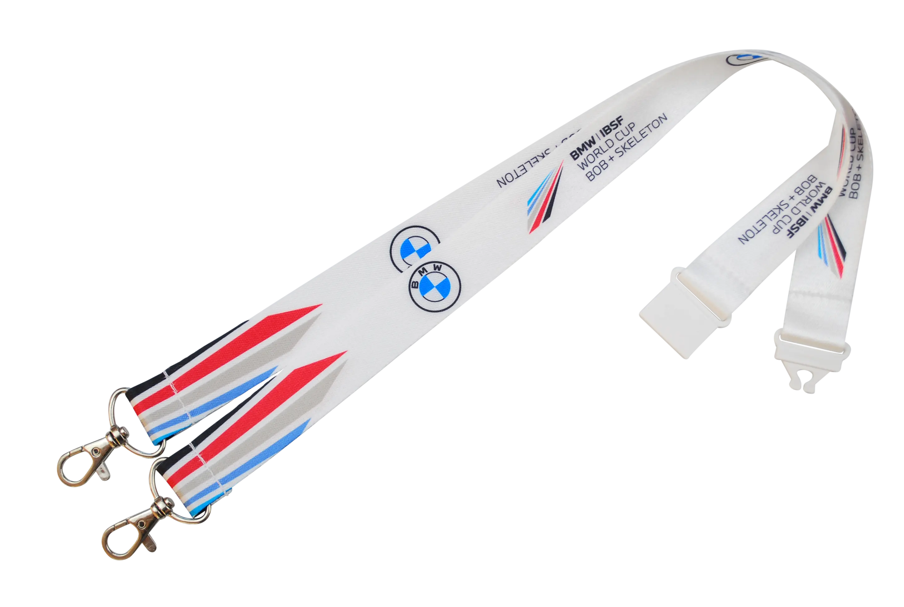 Ein weißes Lanyard mit BMW-Logo und Design für den Bob- und Skeleton-Weltcup. Hat zwei Clips.