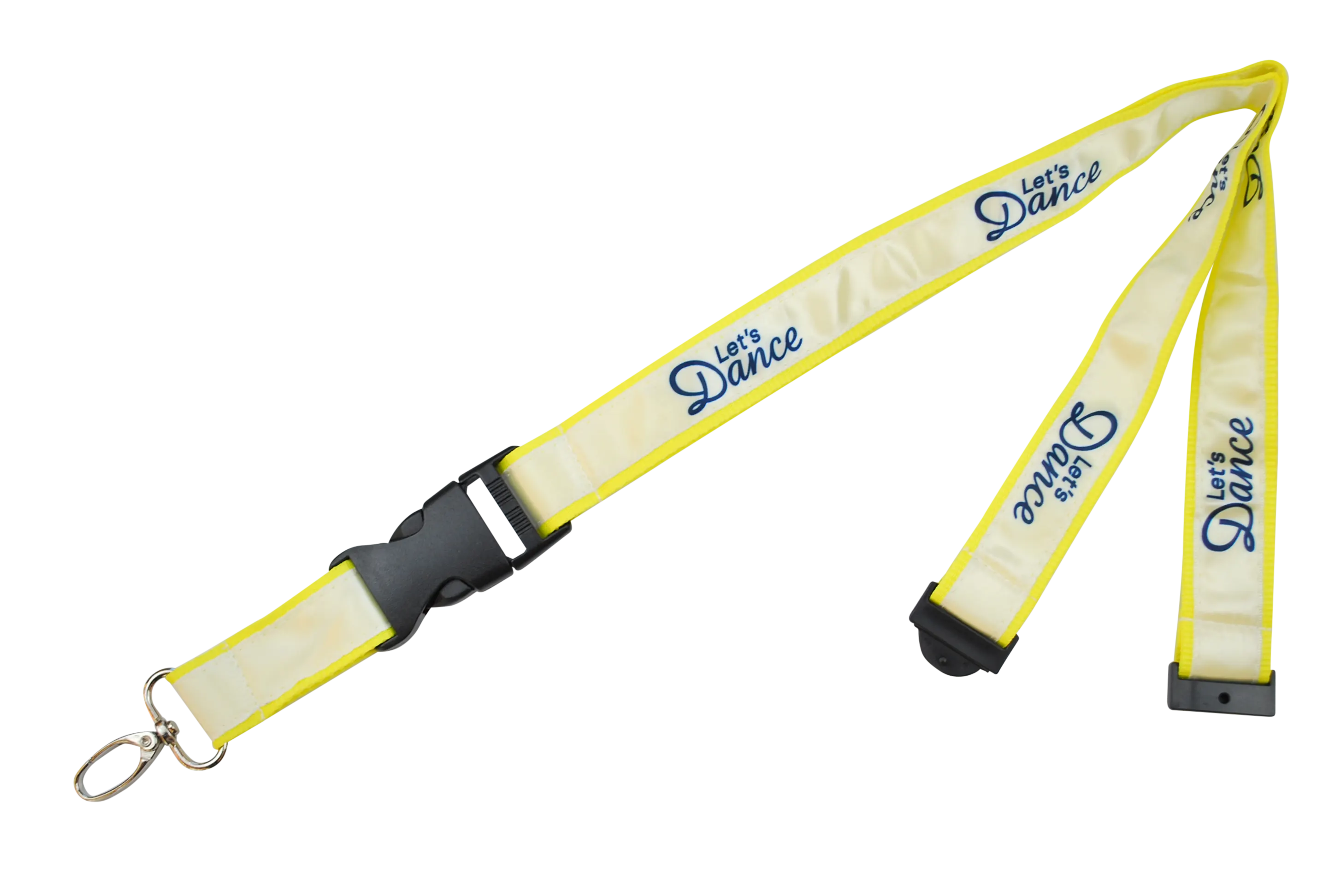 Gelber Lanyard mit dem Aufdruck „Let's Dance“ und einem schwarzen Clipverschluss.
