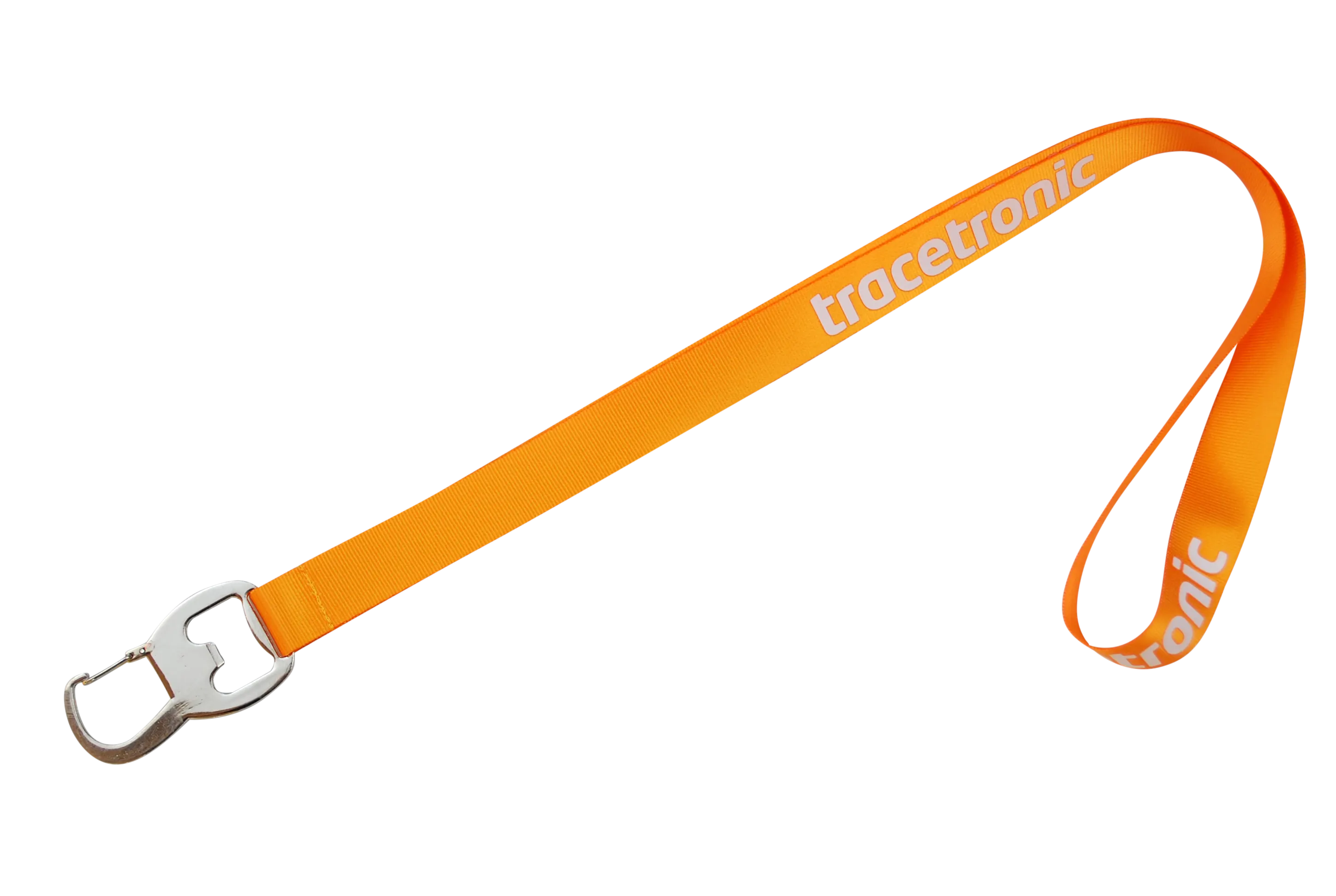 Orangefarbener Schlüsselanhänger mit einem Metallclip, beschriftet mit dem Wort "tracetronic".