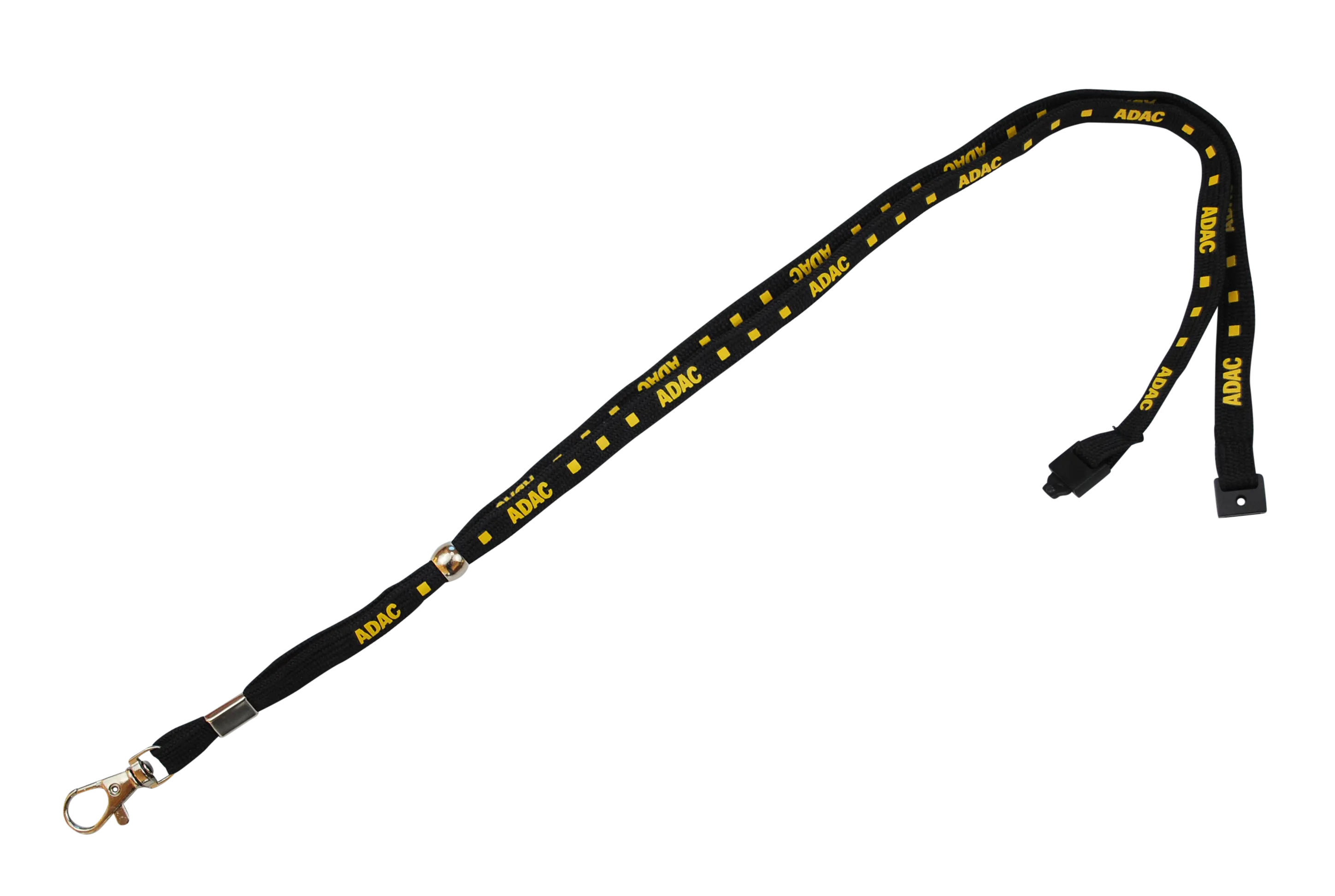 Schwarzes Schlüsselband mit gelben "ADAC"-Schriftzügen, ausgestattet mit Karabinerhaken und abnehmbarer Halterung.