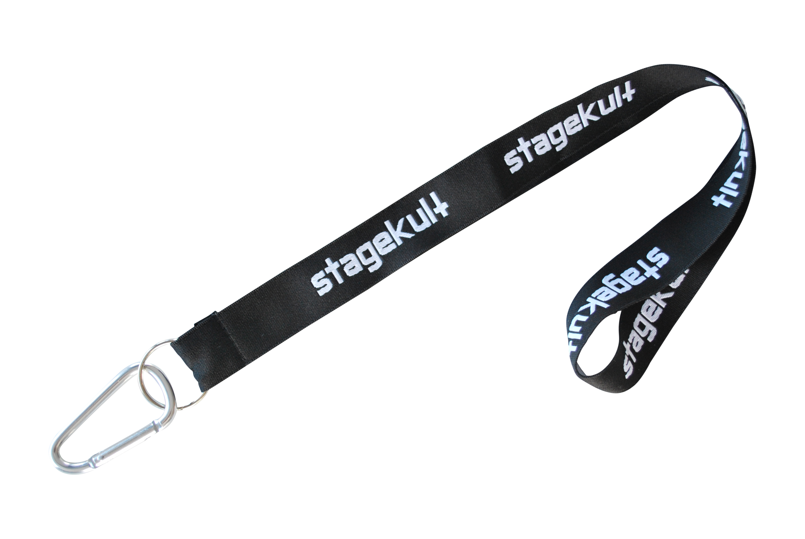 Ein schwarzer Textil-Gurt mit dem Schriftzug „stagekult“ und einem Karabiner.