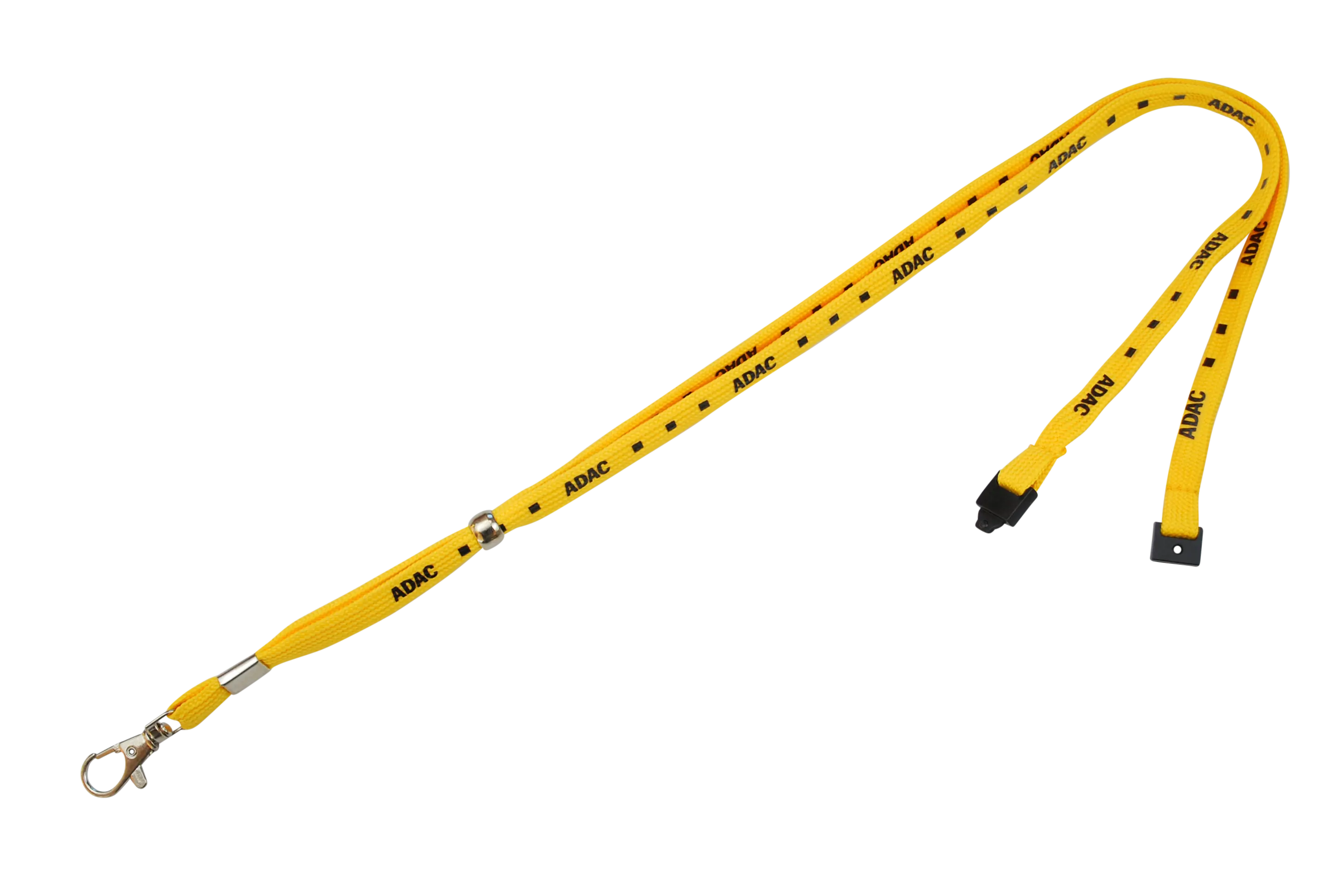 Gelbe Lanyard mit schwarzen Aufdrucken „ADAC“ und Karabinerhaken an einem Ende.