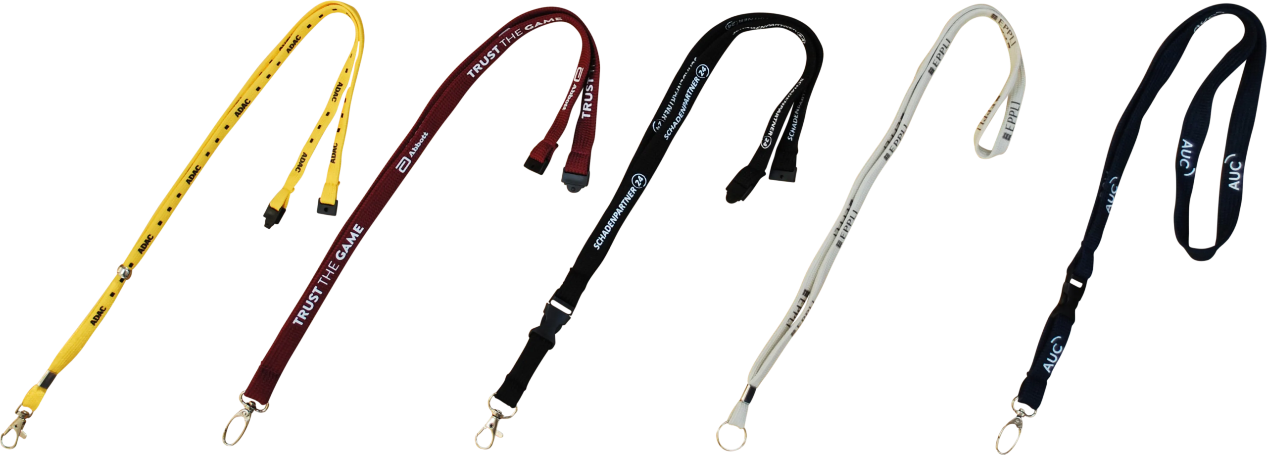 Fünf verschiedene Lanyards in unterschiedlichen Farben und Designs liegen nebeneinander.
