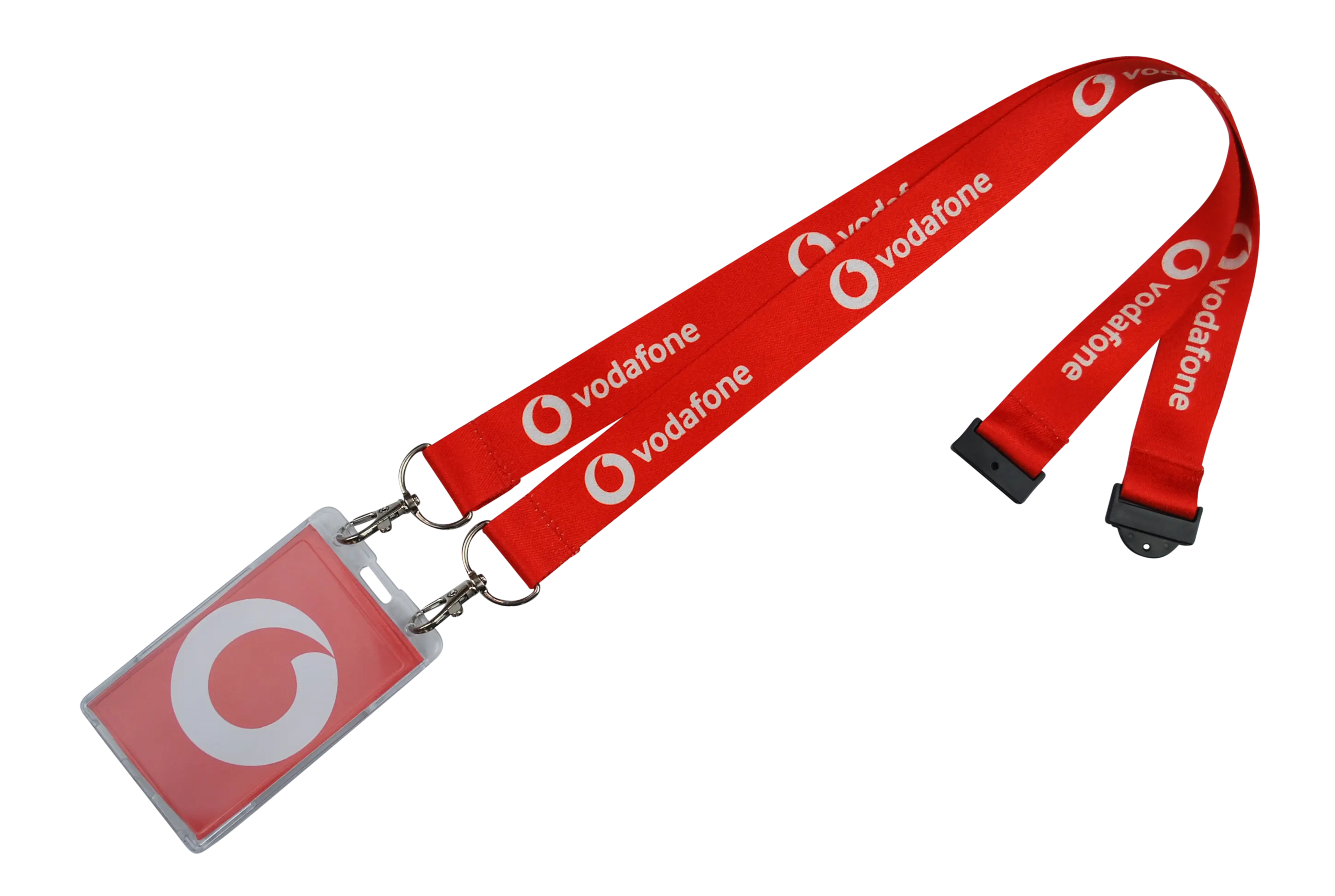 Rotes Lanyard mit Vodafone-Logo und einer durchsichtigen ID-Hülle für Namensschilder.